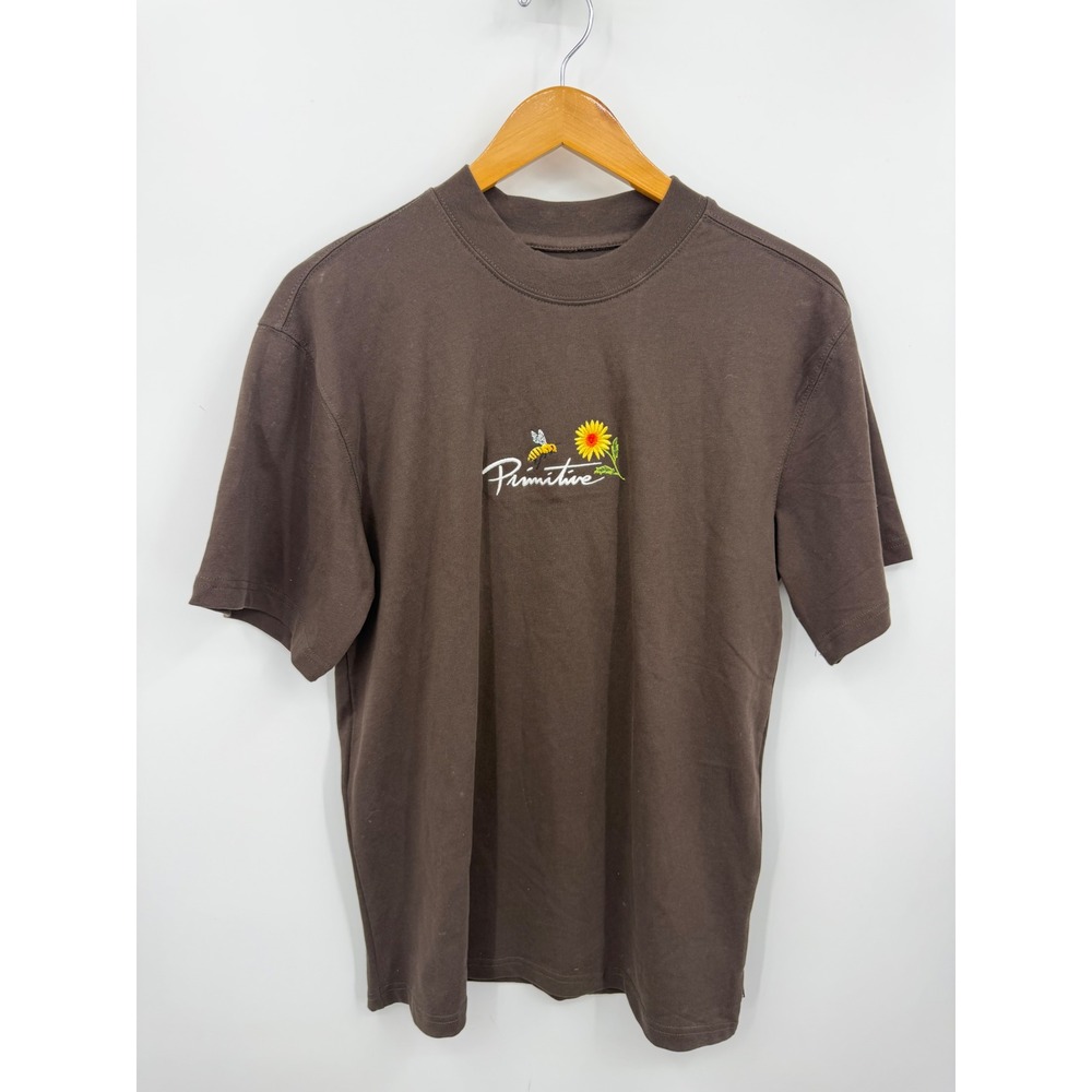 Primitive Bee Sunflower Graphic heavyweight T-Shirt Mens M Brown Embroidered Tee